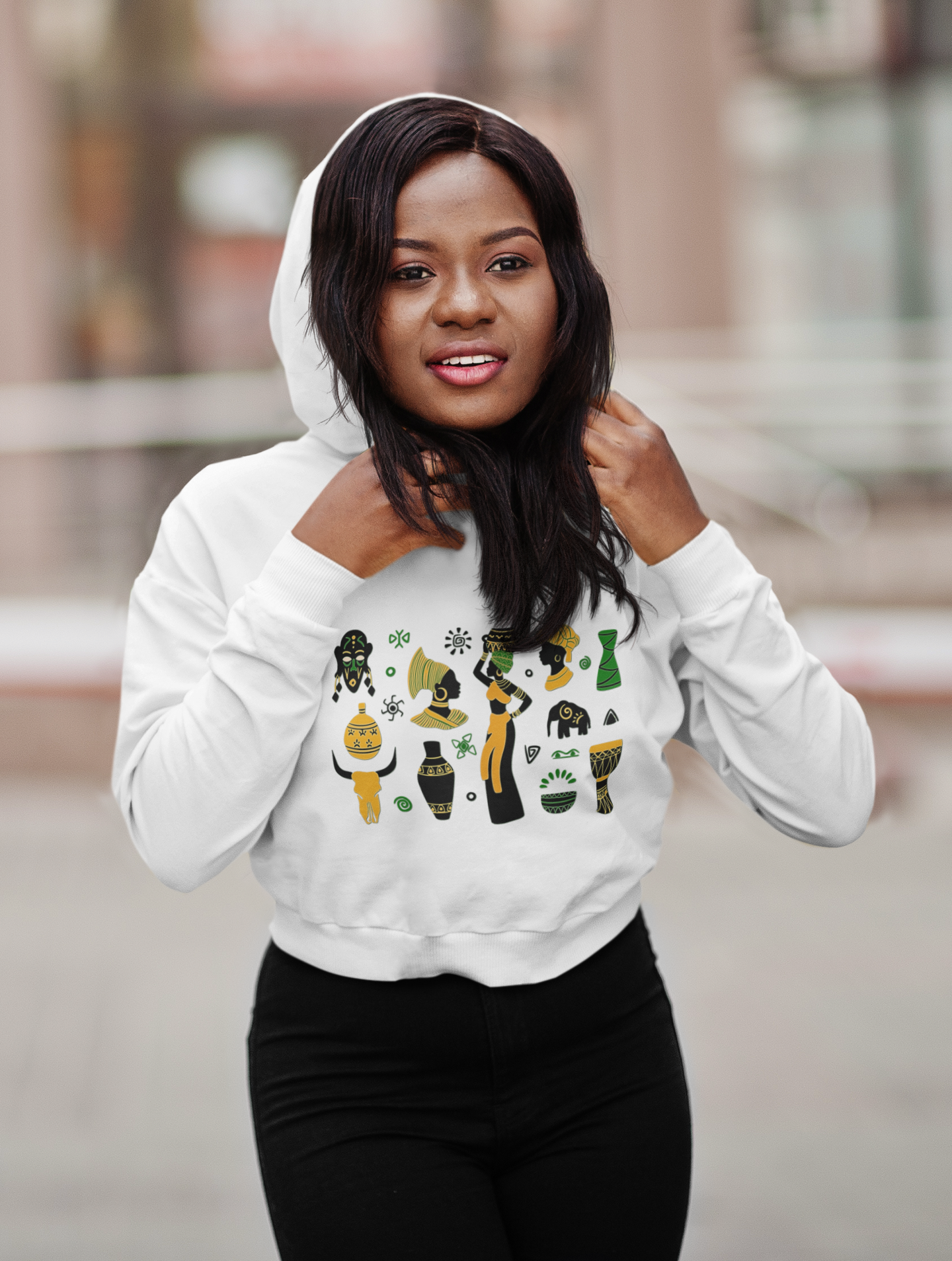 Cropped Hooded Sweatshirt - African Montage