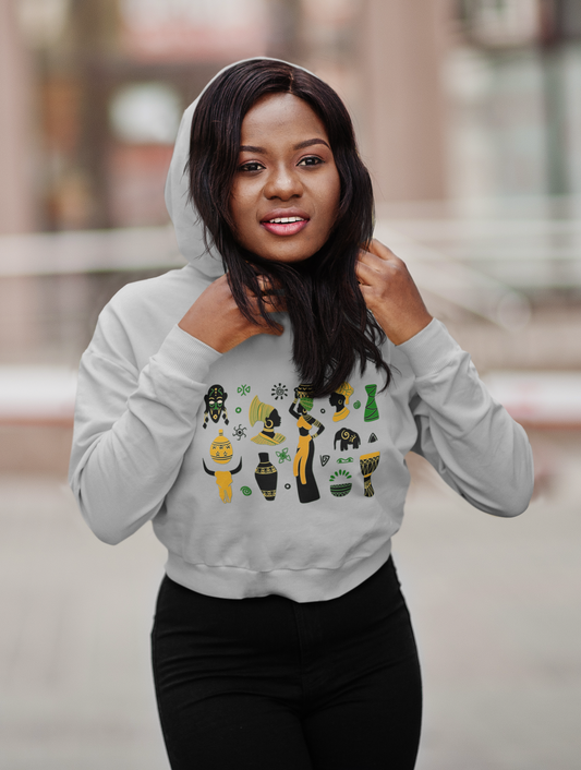 Cropped Hooded Sweatshirt - African Montage