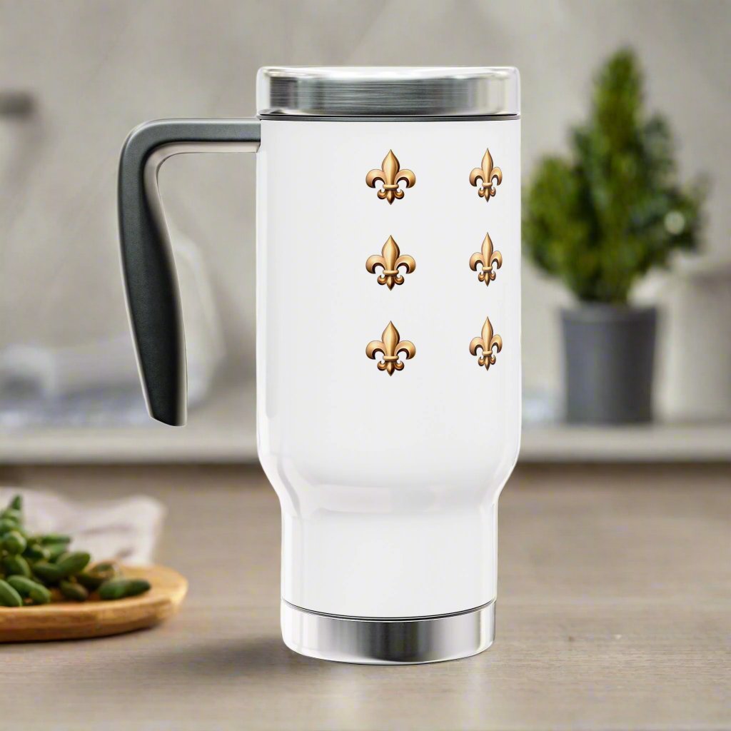 Stainless Steel Travel Mug with Handle - Fleur De Lis